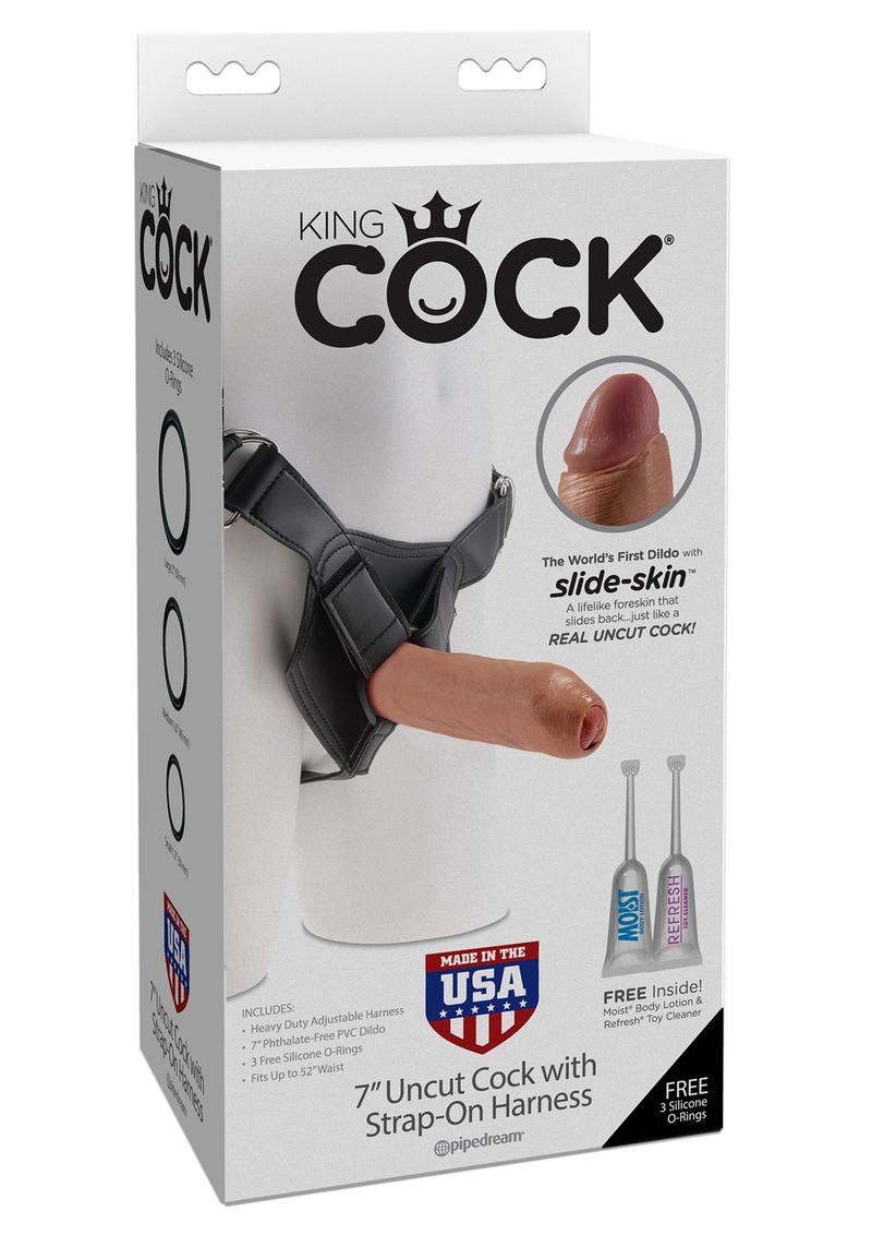 King Cock Uncut Cock Dildo With Strap On Harness Tan 7 Inch -  SecretsBoutiques.com