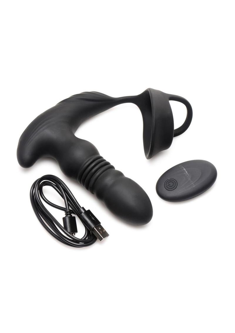 Thunder Plugs Rechargeable 10X Thrusting Silicone Vibrator with Cock  andamp; Ball Strap - Black - SecretsBoutiques.com