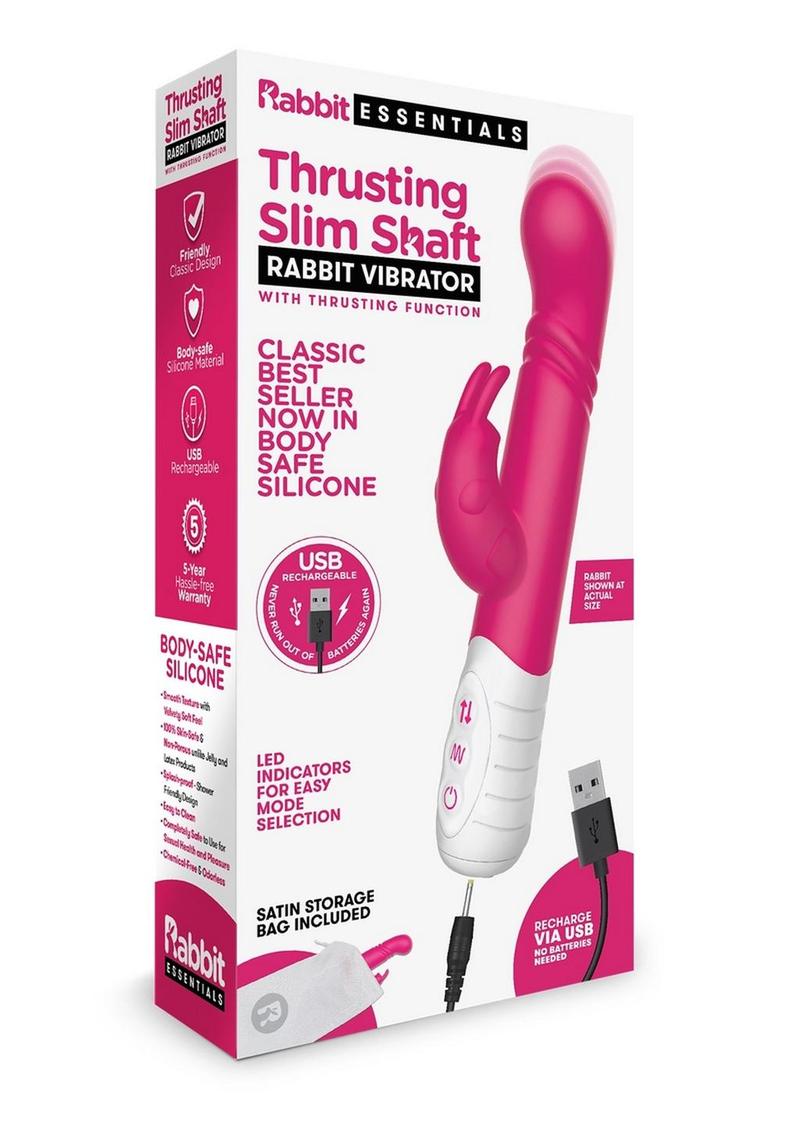 Rabbit Essentials Silicone Rechargeable Slim Shaft Thrusting G-Spot Rabbit  Vibrator - Pink - SecretsBoutiques.com