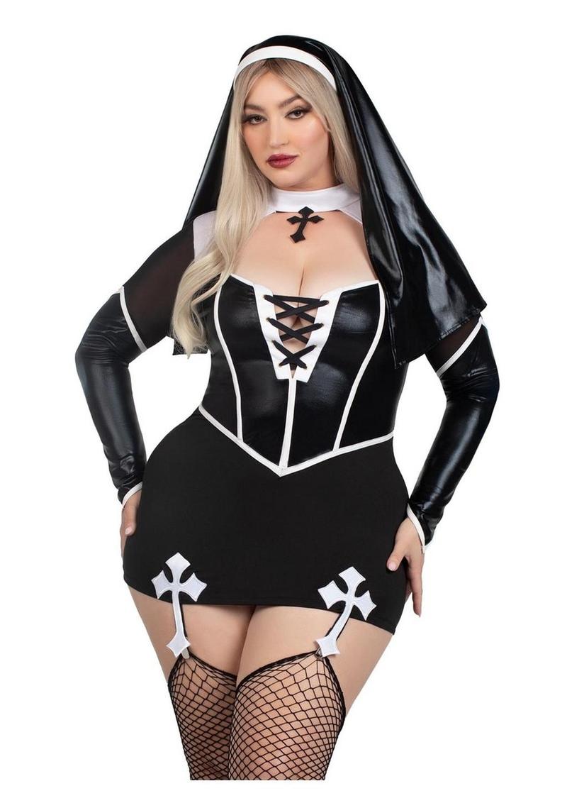 Leg Avenue Holy Hottie Set Boned Garter Dress with Cross Accents and Nun Habit (2 Piece) - 1X/2X- Black/White