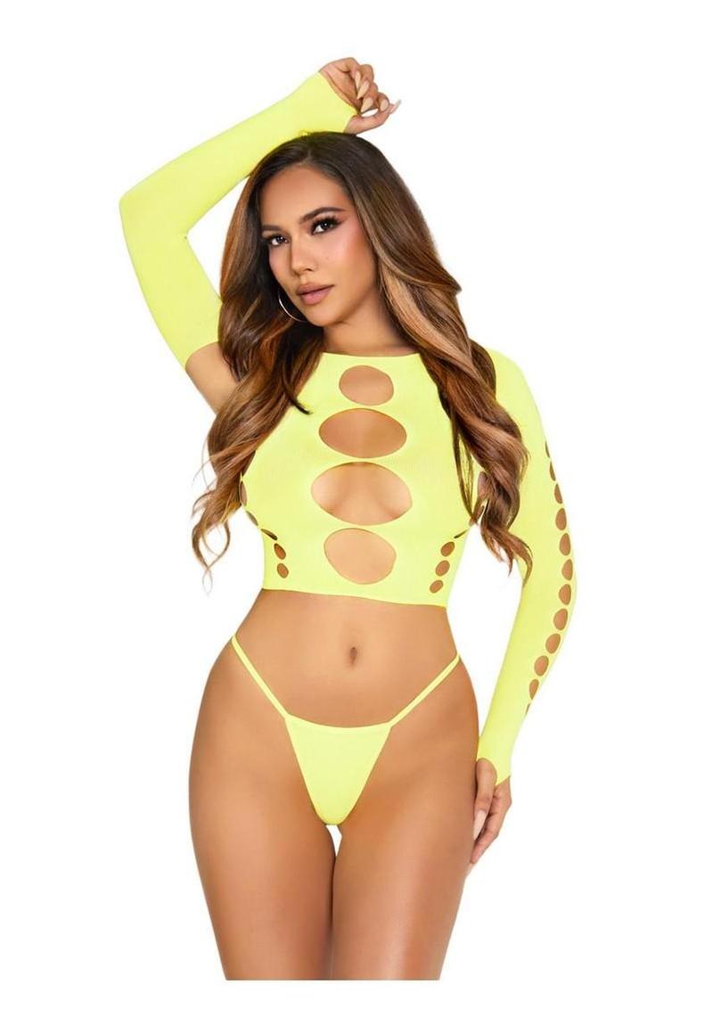 Leg Avenue Seamless Cut Out Long Sleeve Crop Top and G-String Panty - O/S