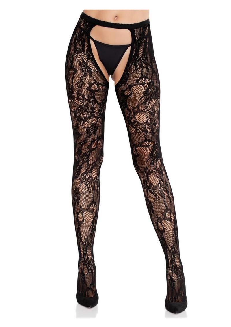 Eyelet Rose Lace Crotchless Tights with Cheeky Open Back - Black - O/S